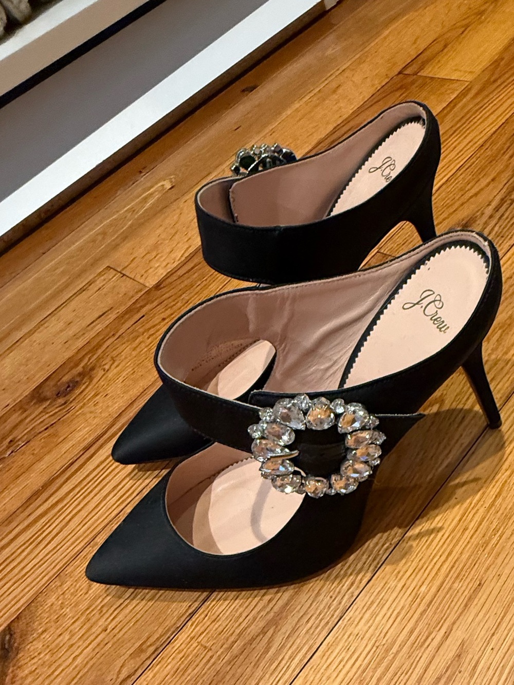 J. Crew Black Satin Pointed Crystal Buckle Heels